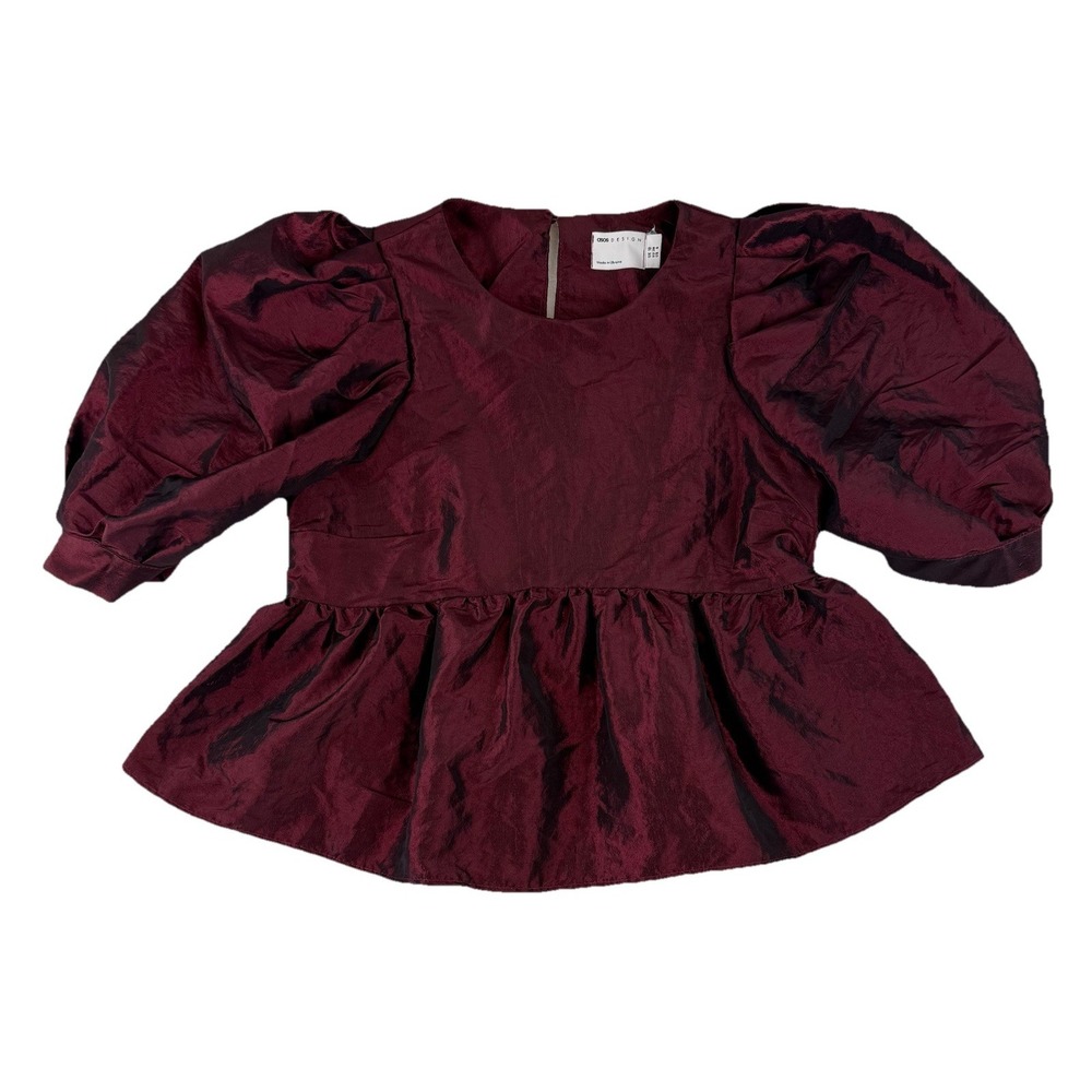 ASOS Top‎ Women's Size 6 Burgundy Metallic Puff Sleeve Taffeta Peplum Hem